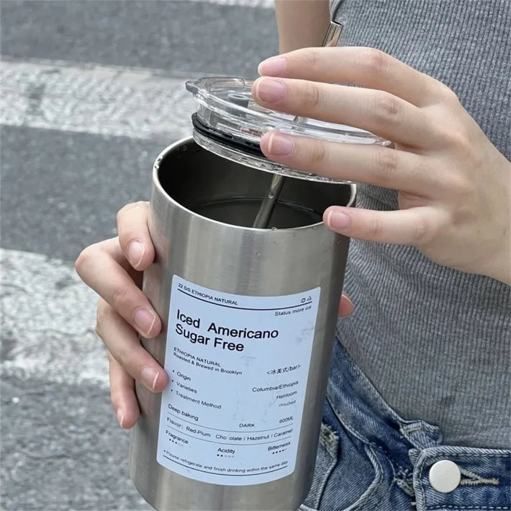 Portable 600ml (20 oz) 304 Stainless Steel Vacuum Thermos with Straw - Insulated Leak-Proof Travel Coffee Mug