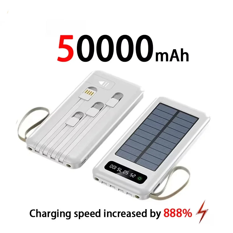 200000mAh Solar Power Bank – Large Capacity Portable Charger with Dual USB, 4 Built-In Cables, Fast Charging & LED Display