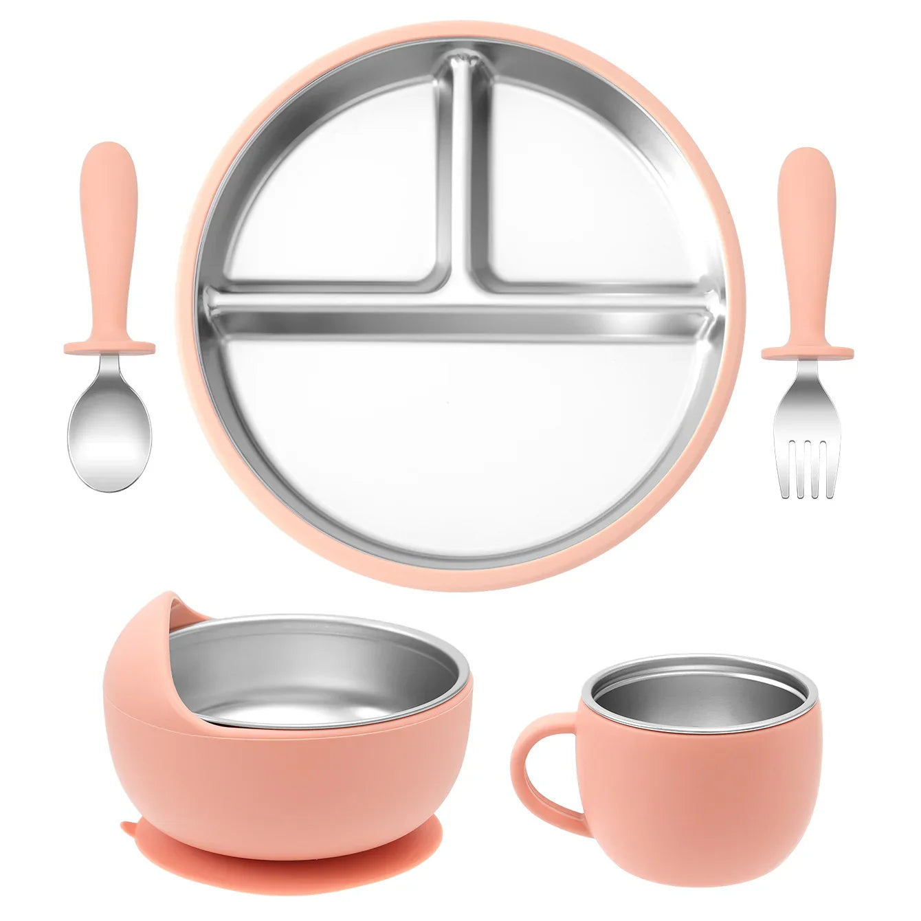 5-Piece Baby Feeding Set — Stainless Steel Plates & Utensils with Detachable Silicone Suction Bowl, BPA-Free Infant Fork Spoon Cup