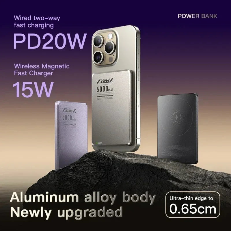 5000mAh Qi2 Wireless Power Bank Ultra Slim Magnetic Back-Clip Fast Charge Portable Battery for Smartphones