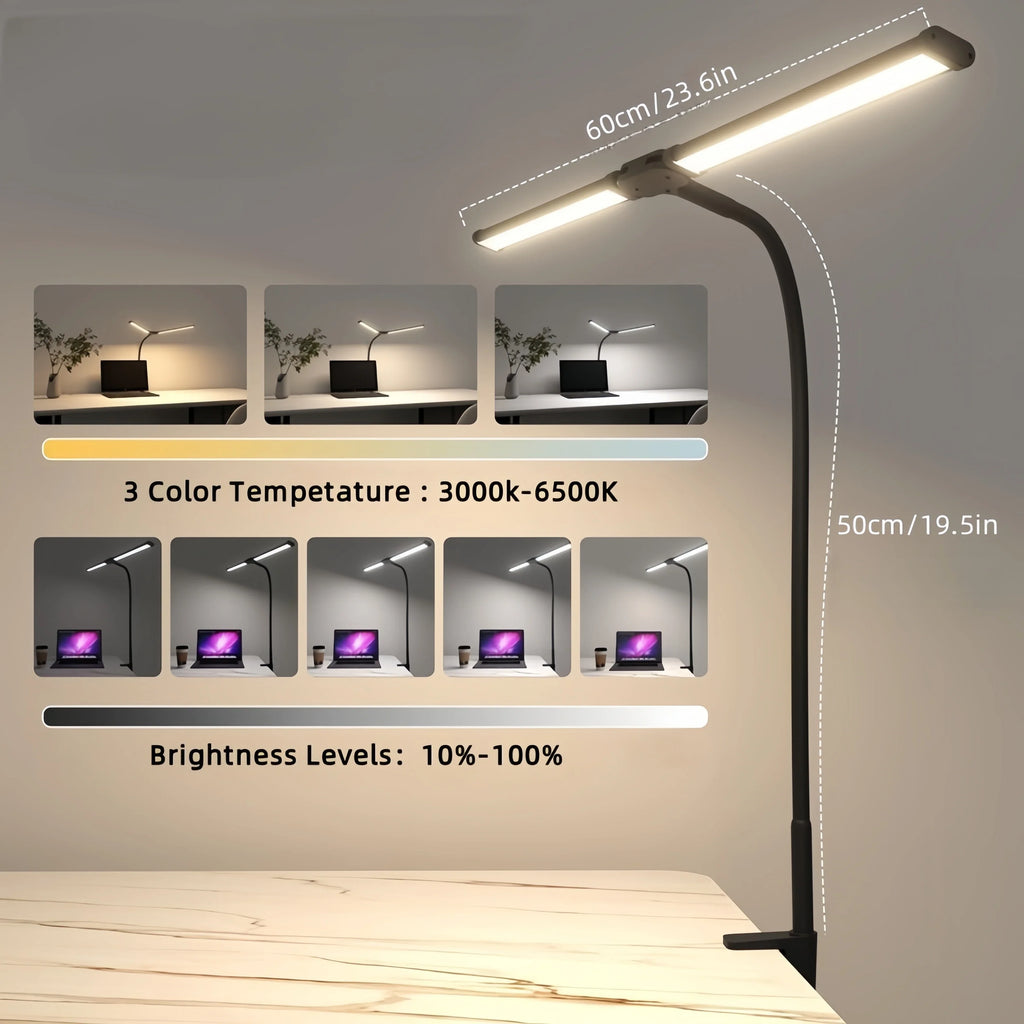 Dimmable LED Clip-On Desk Lamp – Dual-Head Adjustable 31.5in (80cm) Arm, USB Clamp Light for Office, Reading & Monitor Lighting