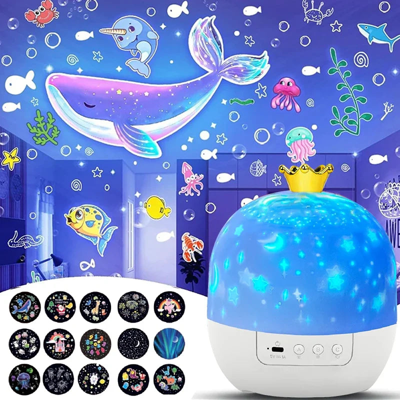 Crown Star Projector Night Light — Rotating LED Ceiling Lamp with Remote, USB Powered, 6 Projection Discs for Kids Bedroom & Parties