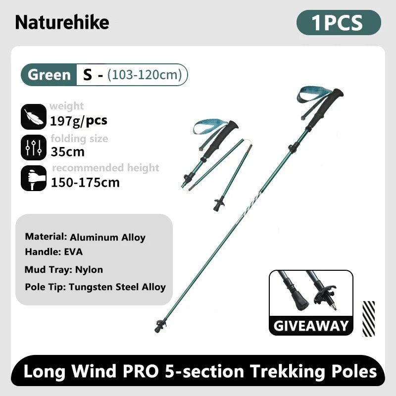 Ultralight Carbon Fiber 5-Section Folding Trekking Poles, Collapsible Quick-Lock Hiking Poles Adjustable 103–120 cm (40.6–47.2 in) or 115–135 cm (45.3–53.2 in)
