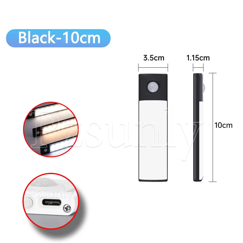 USB Rechargeable LED Motion Sensor Bar Light — Dimmable 3-Color Under-Cabinet Night Light, 10/20/30/40/50 cm (4–20 in)