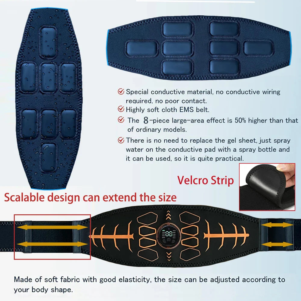 Rechargeable EMS Abdominal Toning Belt – Smart Muscle Stimulator & Slimming Massager, 10 Modes 30 Intensity Levels, Adjustable Fit