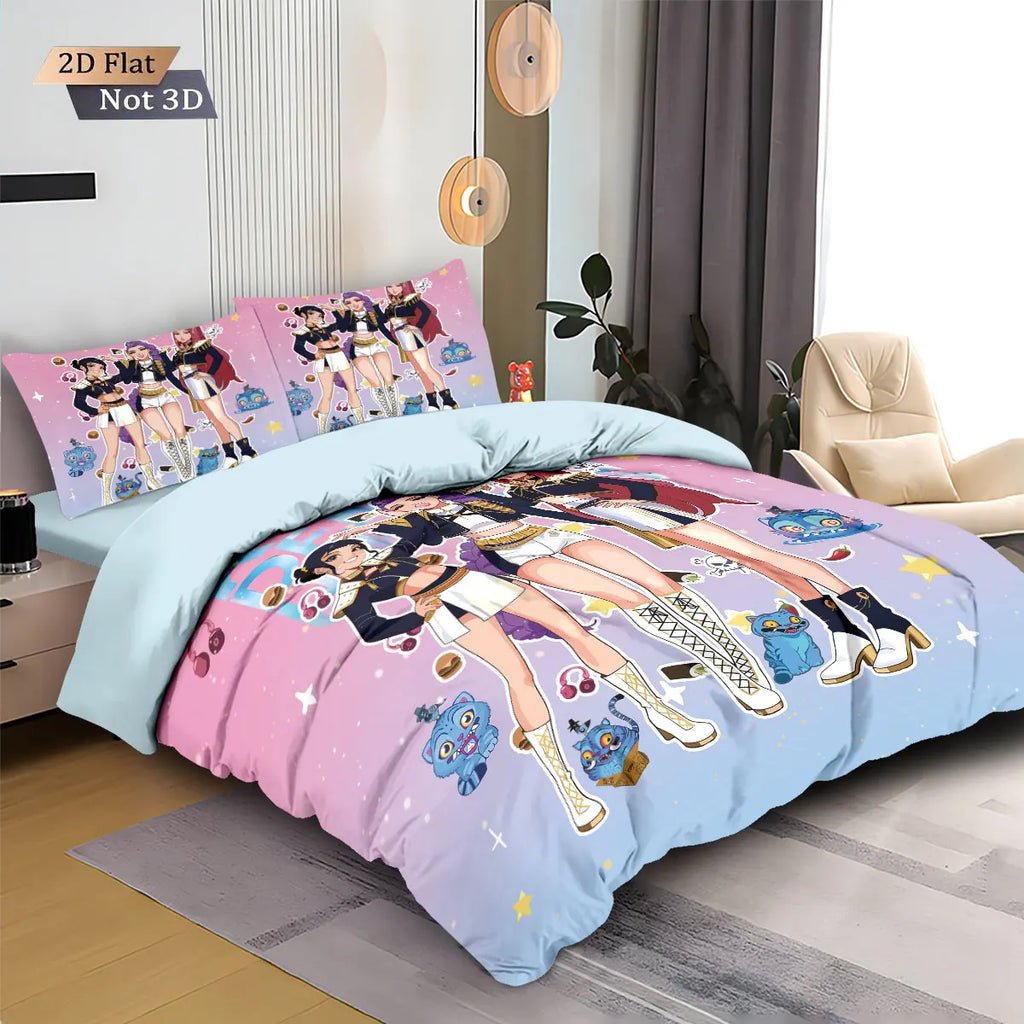 3-Piece K-Pop Demon Hunters Print Bedding Set – Microfiber Duvet Cover + 2 Pillowcases, Multiple Sizes (Twin to King), Machine Washable