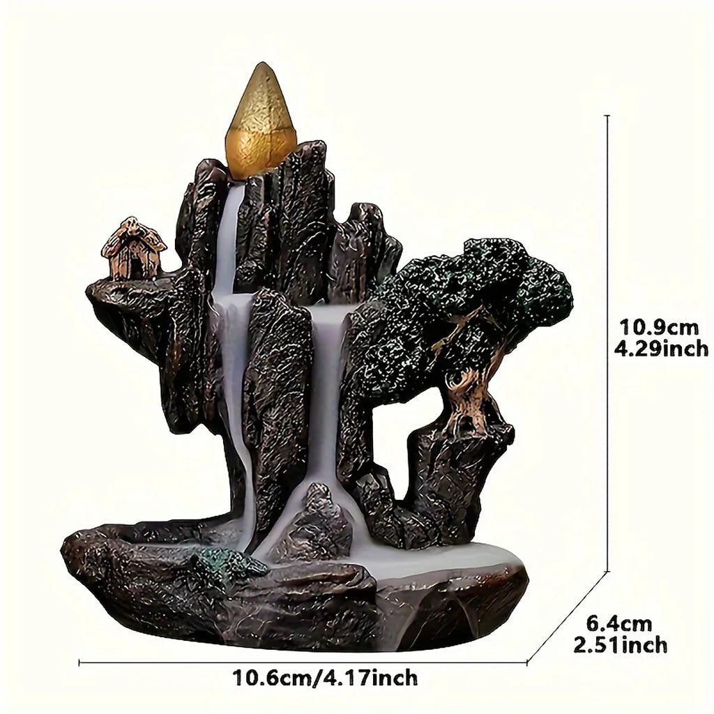 Backflow Incense Burner Waterfall Fountain – Mountain River Resin Censer with 60 Backflow Cones