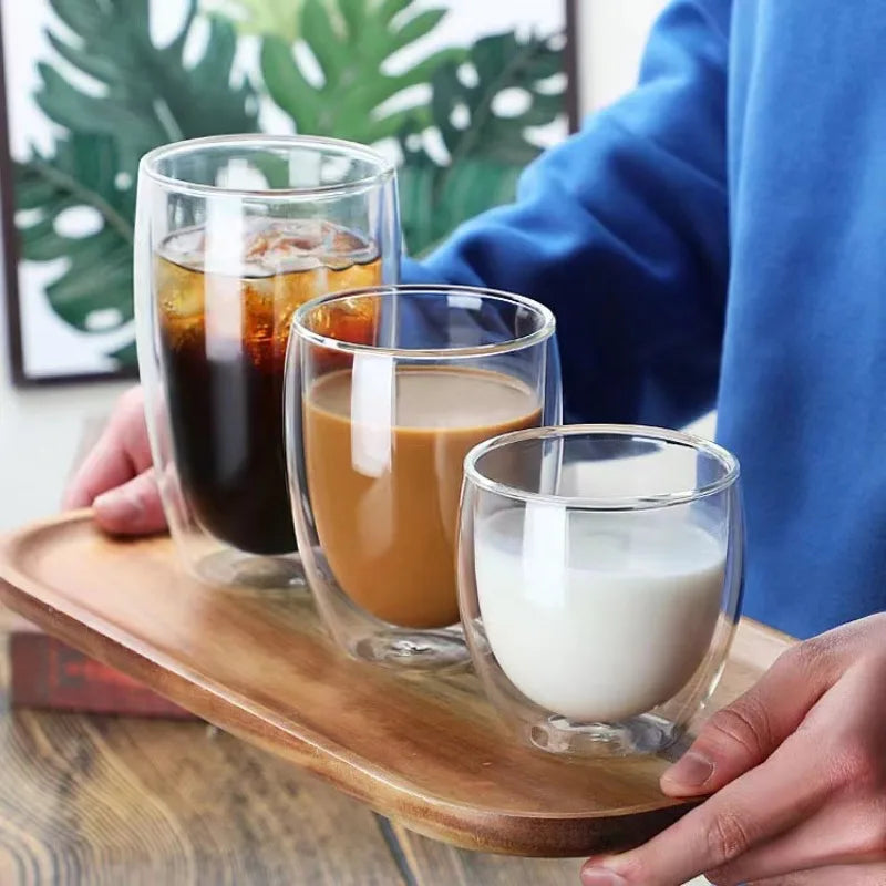 Clear Double Wall Insulated Glass Cups — 5 Sizes | Coffee, Espresso, Tea, Beer & Whiskey Mugs