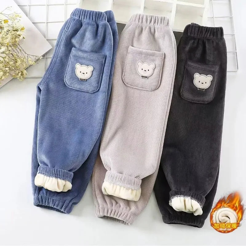 Kids Fleece-Lined Corduroy Harem Pants – Warm Autumn Winter Unisex Bear Print Casual Trousers