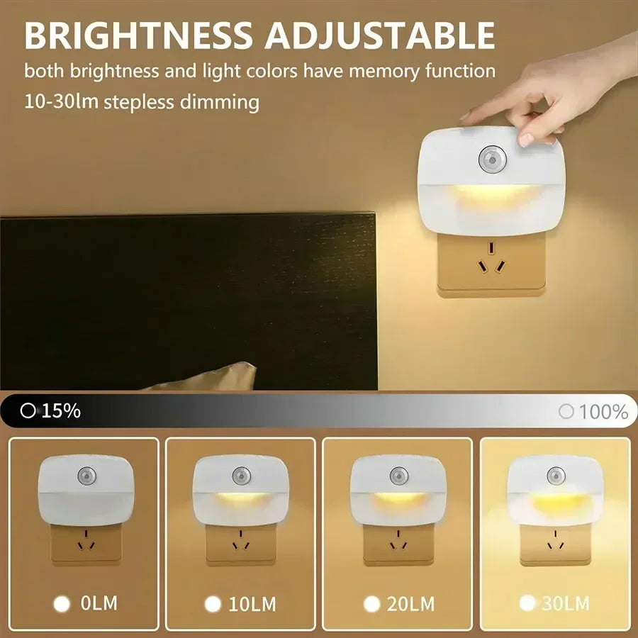 Plug-In PIR Motion Sensor LED Night Light — 3 Color Temperatures & Dimmable for Bedroom, Bathroom, Hallway, Stairs