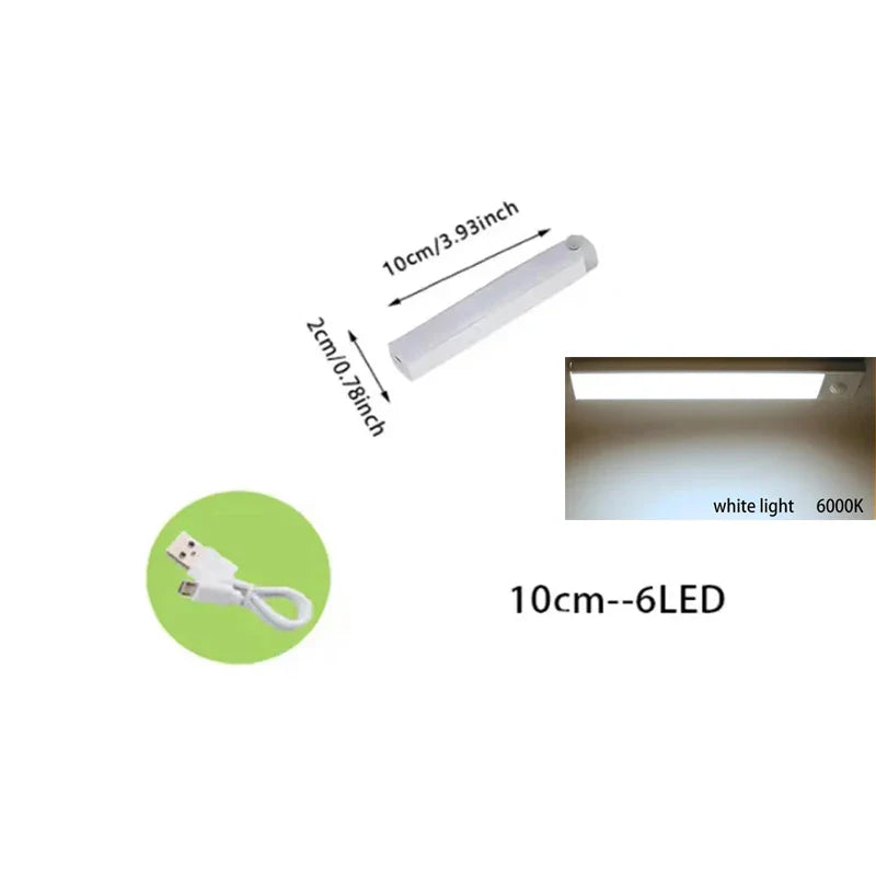 PIR Motion Sensor LED Under-Cabinet Rechargeable Night Light — Dimmable Magnetic Closet Stair Kitchen Light Bar (10–50 cm / 4–20 in)