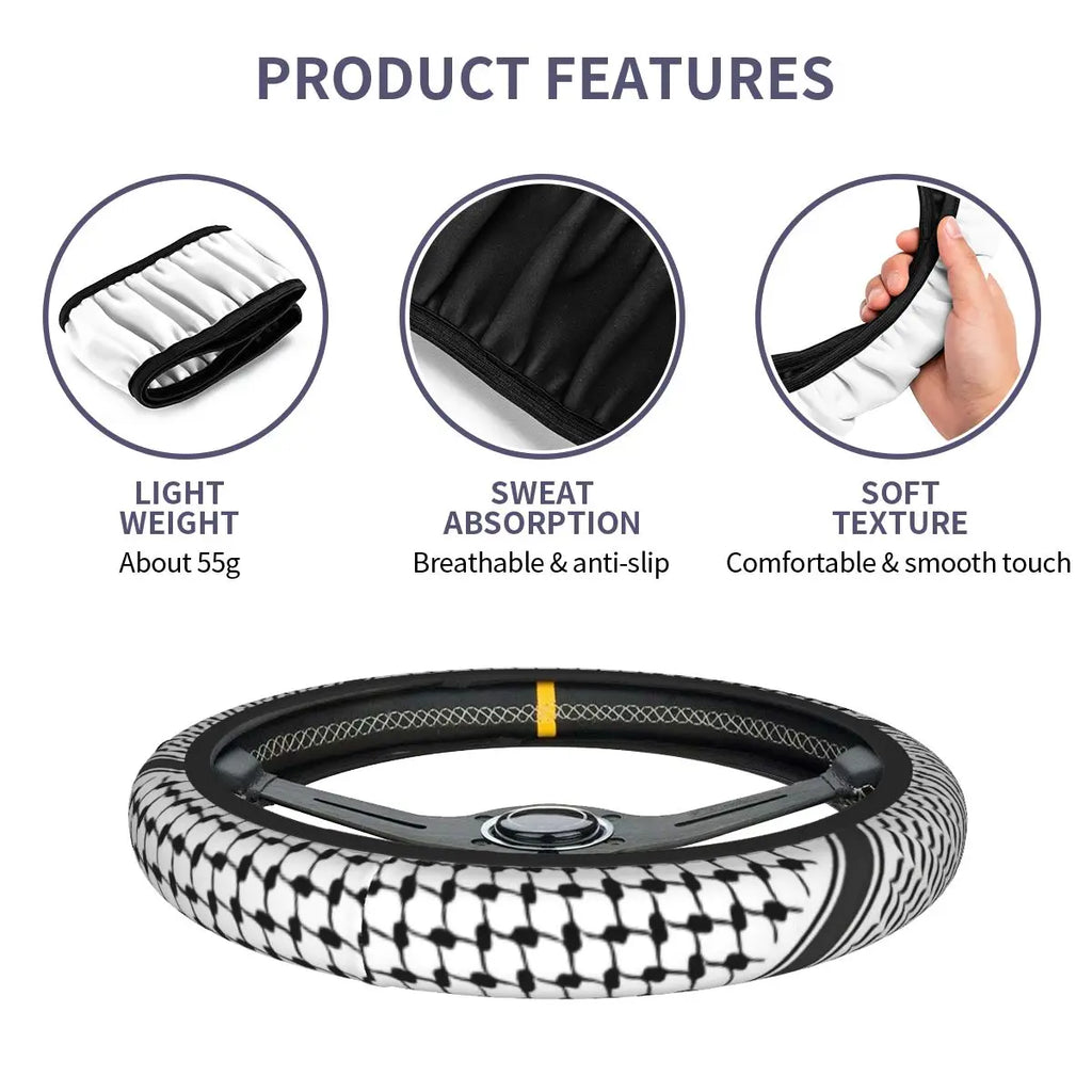 Keffiyeh Car Steering Wheel Cover 37–38 cm (14.6–15.0 in) Anti-Slip Faux Leather Colorful Kufiya Pattern
