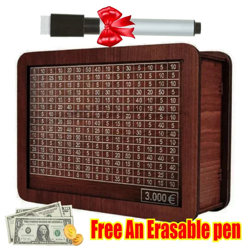 Handmade Wooden Money Box with Savings Tracker – Reusable Piggy Bank for Kids & Adults (10,000 Savings Challenge)