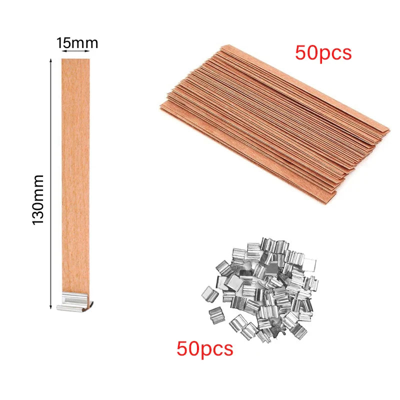30/50-Pack Cherry Wood Candle Wicks with Metal Clip Bases – Smokeless Wooden Wicks for DIY Jar Candles