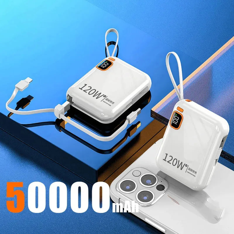 120W 50000mAh Portable Power Bank - Built-in Cables, LED Display & Flashlight, Two-Way Fast Charging for iPhone Samsung