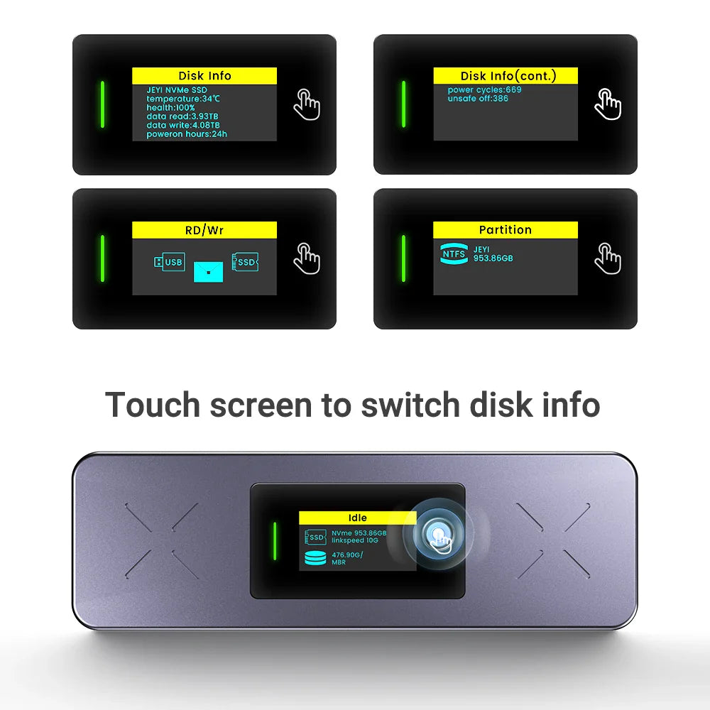 M.2 NVMe & SATA SSD Enclosure with Visual Display — USB 3.2 Gen 2 10Gbps, M-Key & B+M Key, UASP TRIM, Hot-Swap
