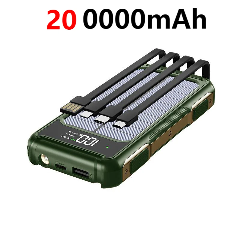 200000mAh Solar Power Bank — 4-in-1 Built-in Cables, Fast Charge, Digital Display & LED Emergency Light