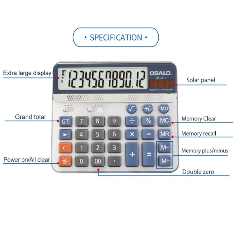 Solar Dual-Power 12-Digit ABS Calculator for Office, Finance & Students