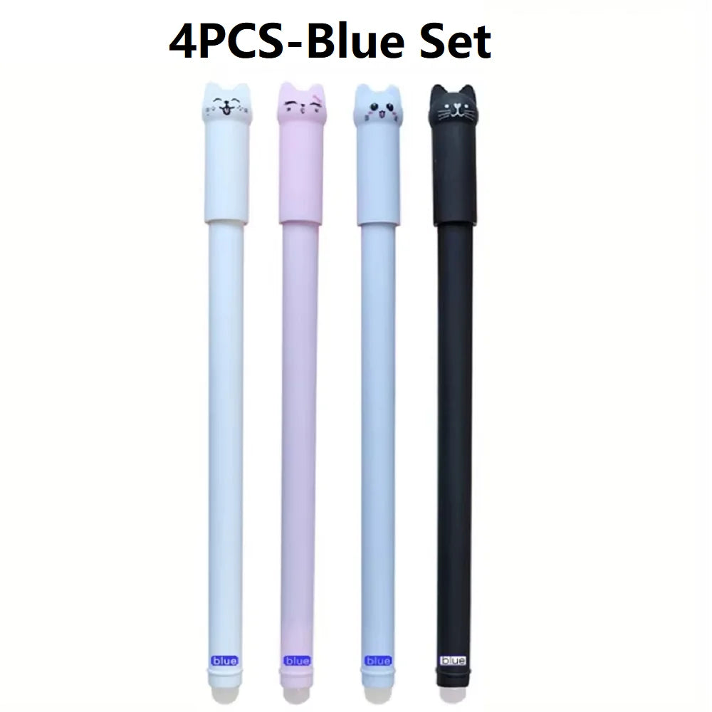 4/6/12-Pack Kawaii Cat Erasable Gel Pens 0.5mm Black & Blue Ink Refillable Cute School & Office Stationery