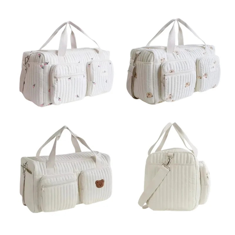 Bear Embroidery Diaper Bag - Beige Cotton Mommy Bag, 48 x 22 x 26 cm (18.9 x 8.7 x 10.2 in), Zippered Messenger Baby Bag