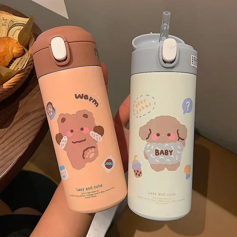 380ml (13 fl oz) Stainless Steel Insulated Thermos Bottle with Straw - Cute Cartoon Tumbler for Women