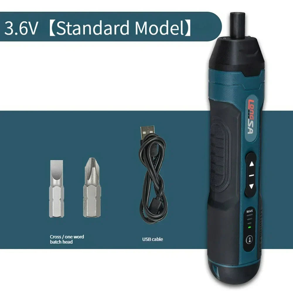 3.6V Mini Cordless Electric Screwdriver — Torque Adjustable Straight Handle, 6.35mm (1/4") Hex Chuck, 1300mAh Lithium Battery