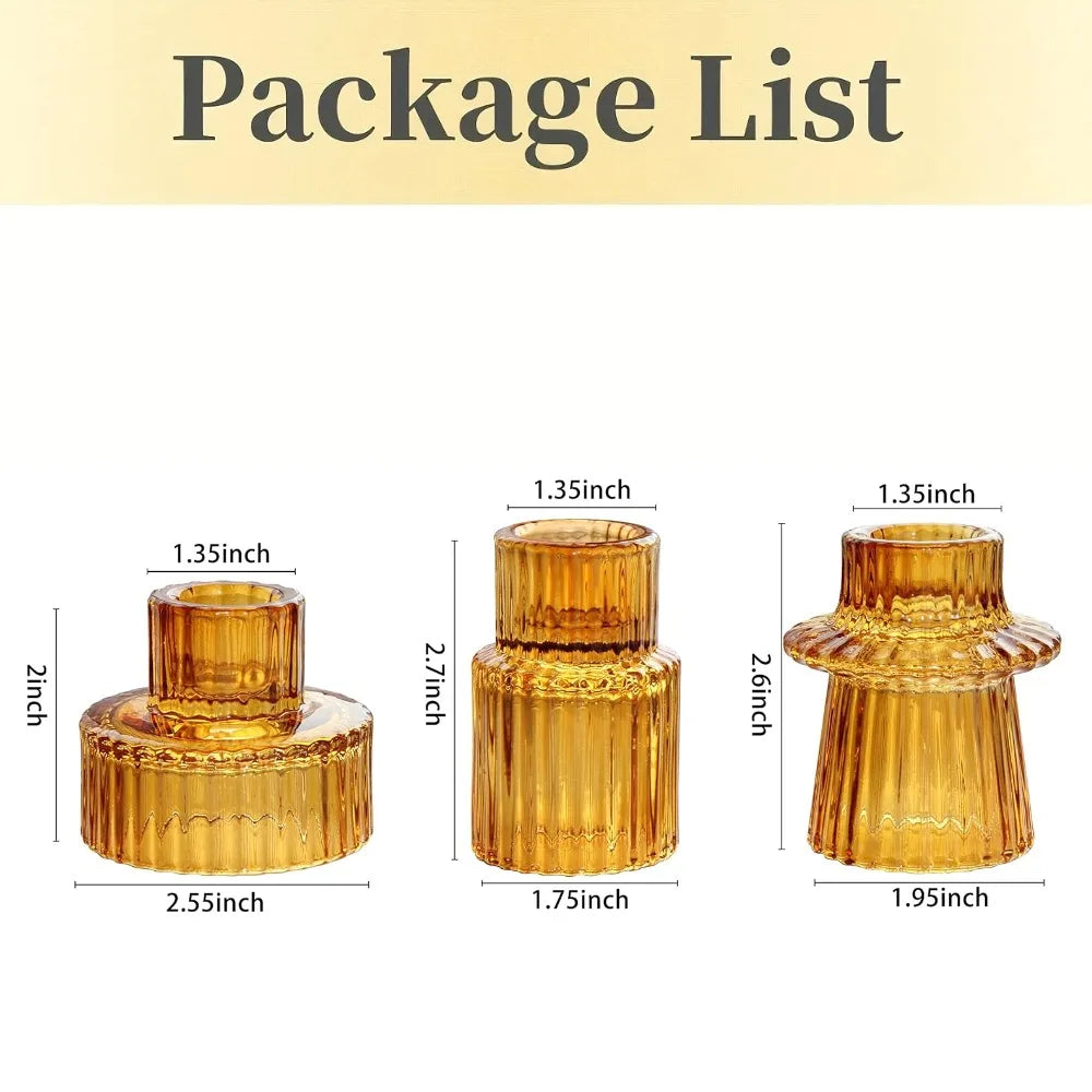3-Pack Ribbed Double-Ended Glass Candle Holders — Vintage Taper & Tealight Centerpiece Set for Weddings, Dinner Parties, Home Decor