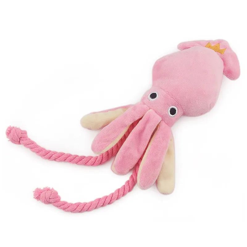 Octopus Plush Dog Chew Toy with Squeaker & Rope — Small Pink 13.4 x 3.5 in (34 x 9 cm) — Dental Cleaning Toy for Dogs & Cats