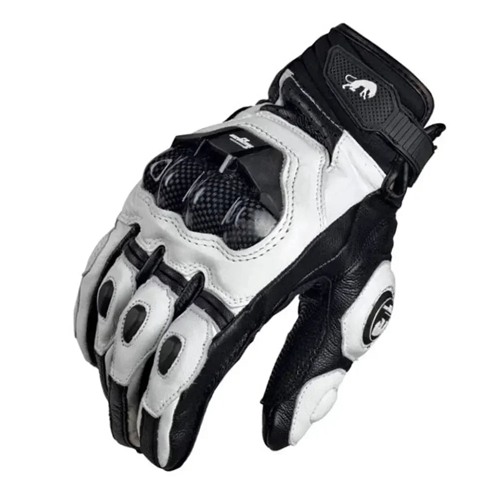 Unisex Leather Motorcycle Riding Gloves - Racing Motorbike Gloves with Protective Padding, Adjustable Strap - Black/White/Red