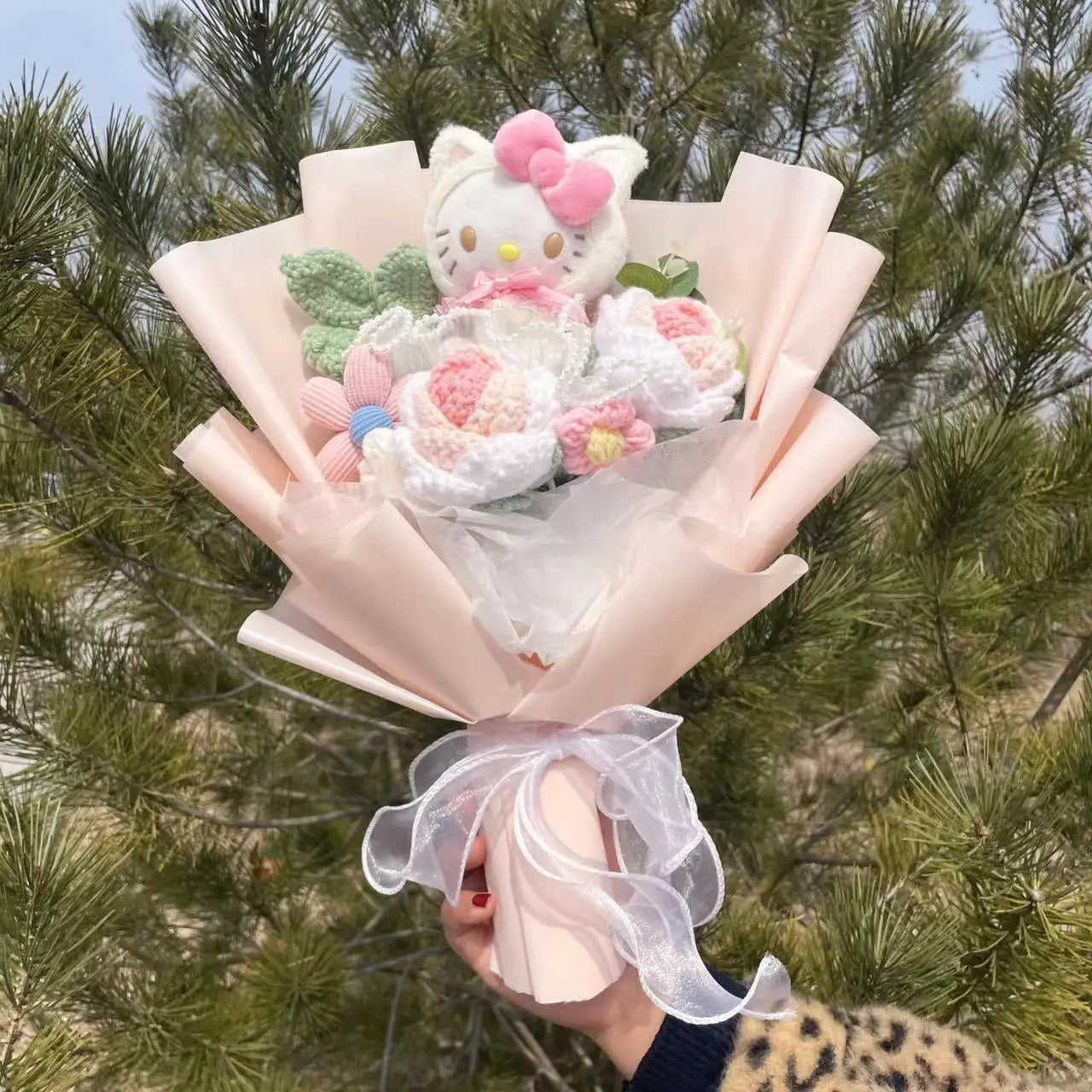 Kawaii Cat Plush Bouquet with Artificial Flowers — Cute Plush Doll Gift for Her, Valentine, Birthday, Graduation