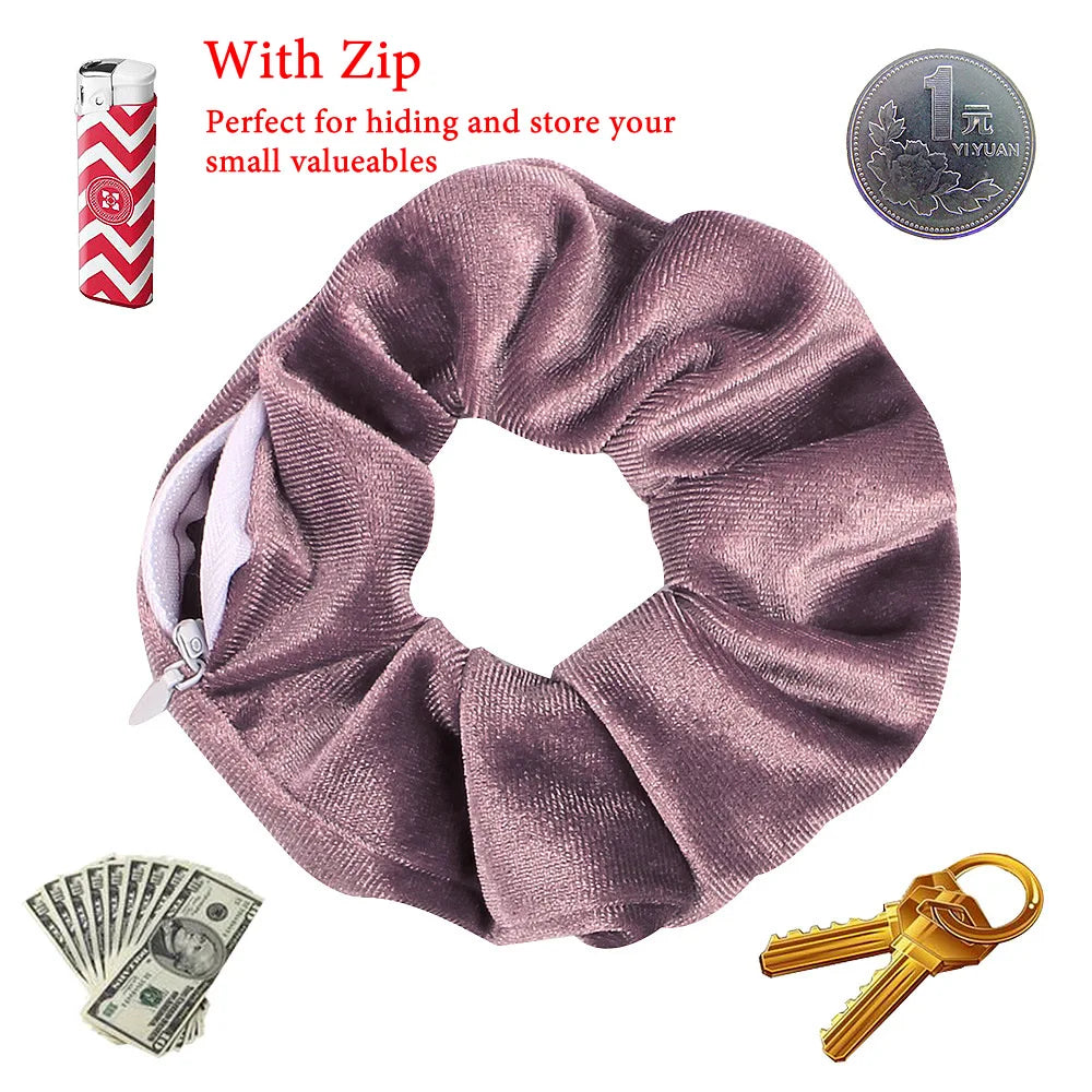 Hidden Pocket Scrunchie Hair Tie with Zipper - Secret Safe for Keys, Cash & Jewelry, Travel & Festival Accessory