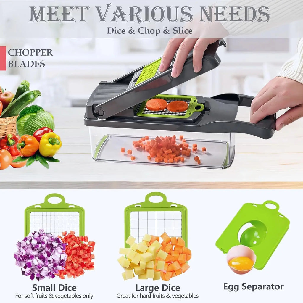 22-in-1 Multifunctional Kitchen Vegetable Chopper and Fruit Slicer with Container – Food Cutter, Shredder & Mincer