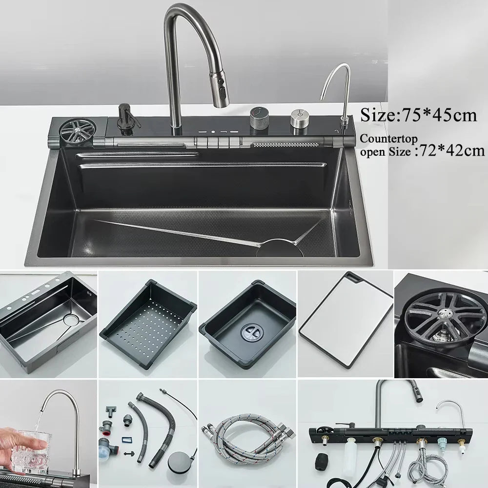 304 Stainless Steel Undermount Kitchen Sink Single Bowl 75 x 45 cm (29.5 x 17.7 in) Brushed Finish with Waterfall Faucet, Digital Display and Soap Dispenser