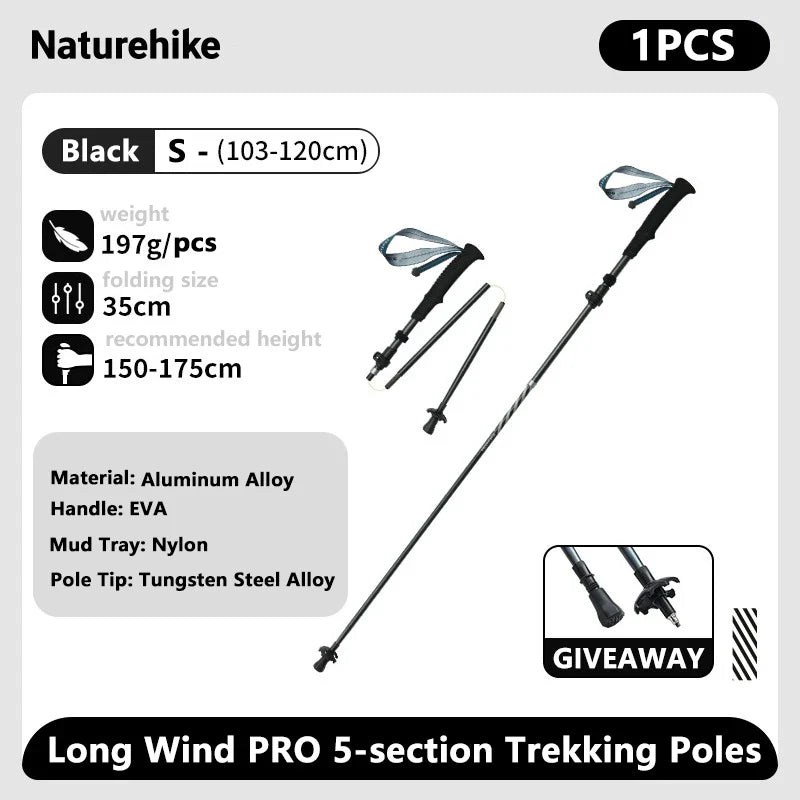 Ultralight Carbon Fiber 5-Section Folding Trekking Poles, Collapsible Quick-Lock Hiking Poles Adjustable 103–120 cm (40.6–47.2 in) or 115–135 cm (45.3–53.2 in)