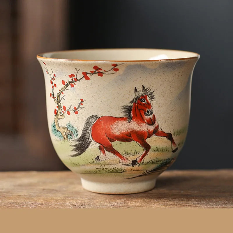 Handmade Zodiac Ceramic Teacup 110ml (3.7 fl oz) Vintage Pottery Tea Bowl for Meditation & Gongfu Tea