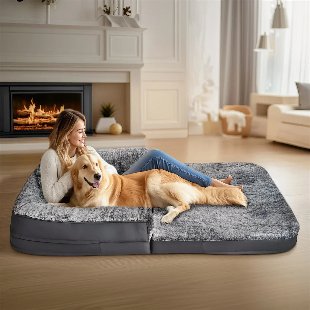 Human-Size Giant Dog Bed 180cm (70.9in) Foldable Orthopedic Plush Pet Bed with Removable Cover & Bolster