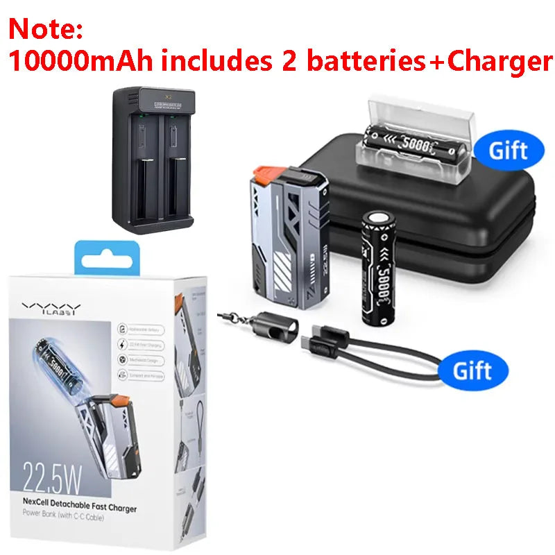 Replaceable Power Bank 10,000–40,000mAh | 22.5W Fast Charge External Battery Pack with Built-in Cable & USB-C