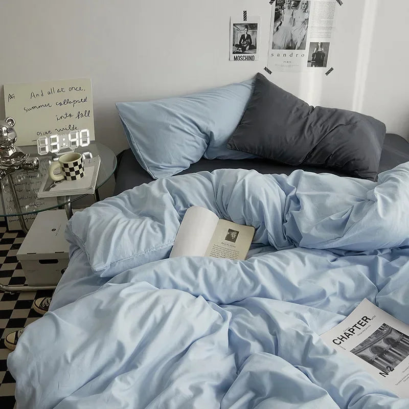 Washed Cotton Solid 4-Piece Bedding Set – 1.5 m (5 ft / 60 in) & 1.8 m (6 ft / 72 in) Duvet Cover, Fitted Sheet & Envelope Pillowcases