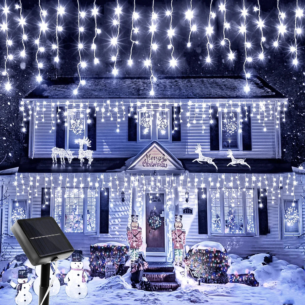 Solar Icicle Curtain Lights — 162/96 LED, 8 Modes, IP65 Waterproof, 9m/6m (29.5ft/19.7ft) Outdoor Christmas Fairy String Lights
