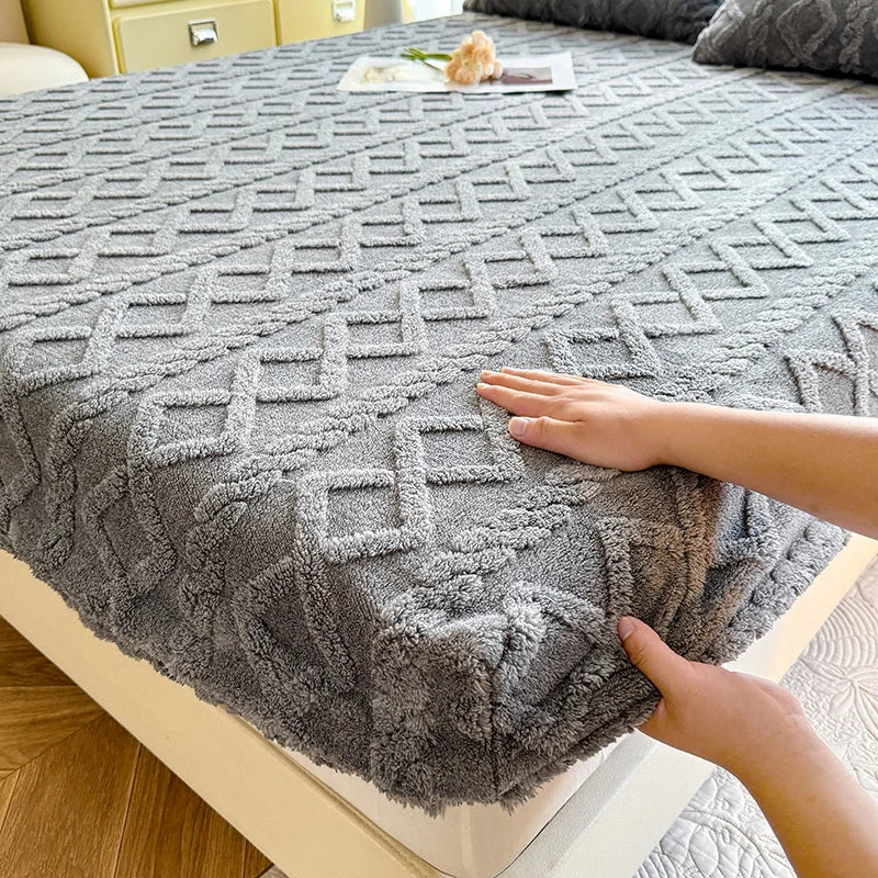 Winter Coral Fleece Fitted Sheet with Elastic Skirt - Thick Fluffy Warm Mattress Cover (Single/Queen/King)