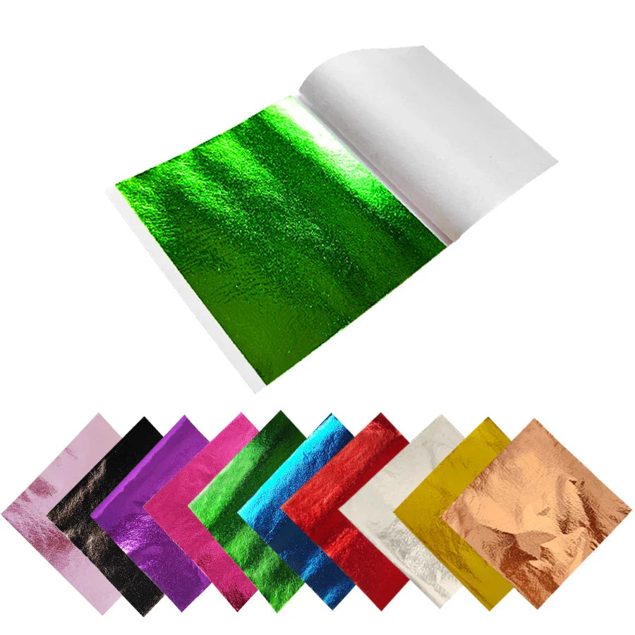 Colorful Gold Foil Leaf Sheets Set - 100 Sheets (10 Colors x 10) for Nail Art, Epoxy Resin, Phone Case & DIY Crafts