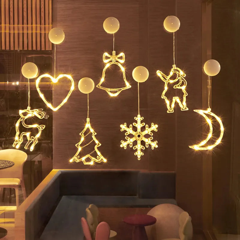 Battery-Operated Christmas LED Snowflake & Santa Hanging Window Ornaments – Warm White Holiday Decor