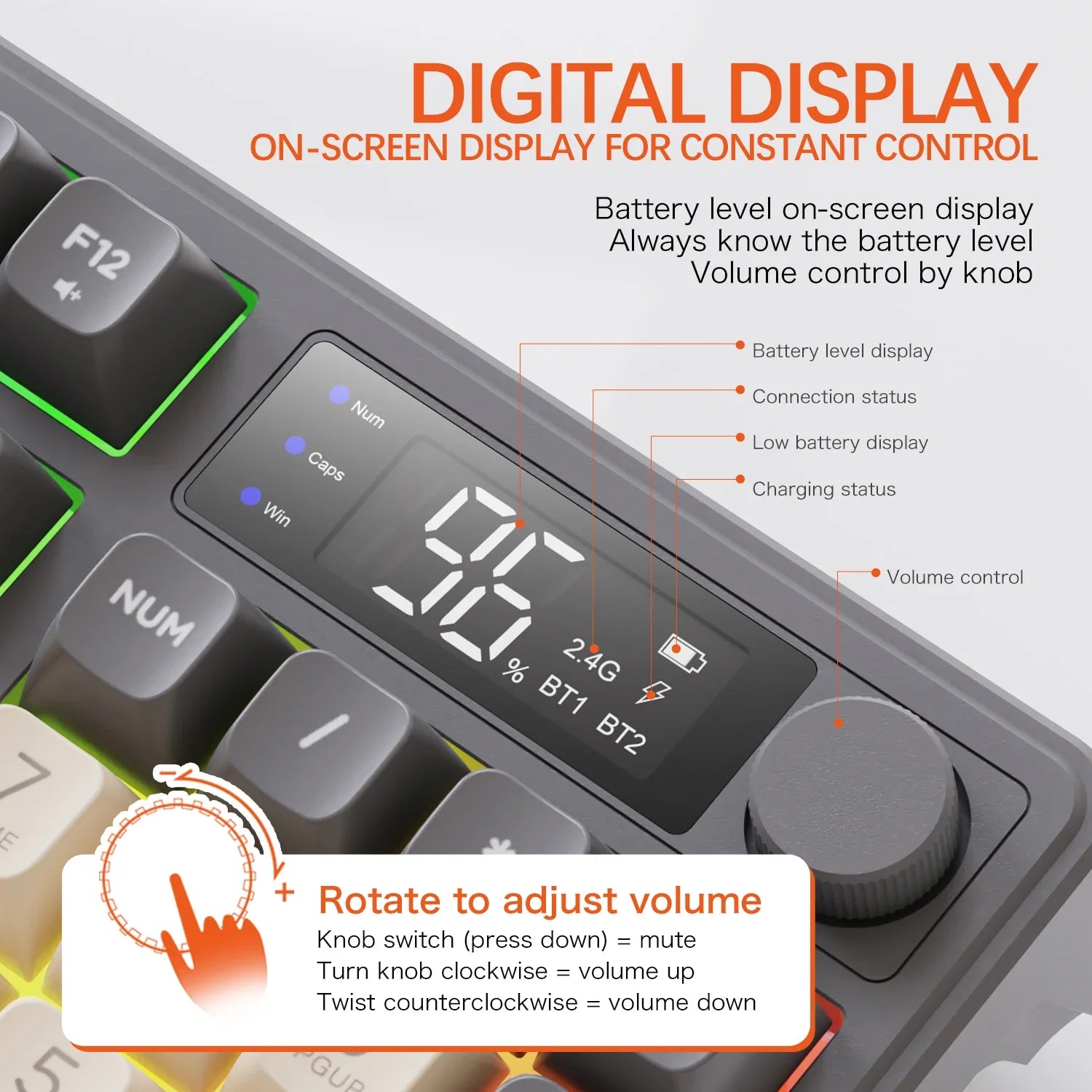 96-Key Bluetooth & 2.4G Wireless Gaming Keyboard with Smart Screen, RGB Backlight, Ergonomic PBT Keycaps — Multi-Device for PC Laptop Tablet