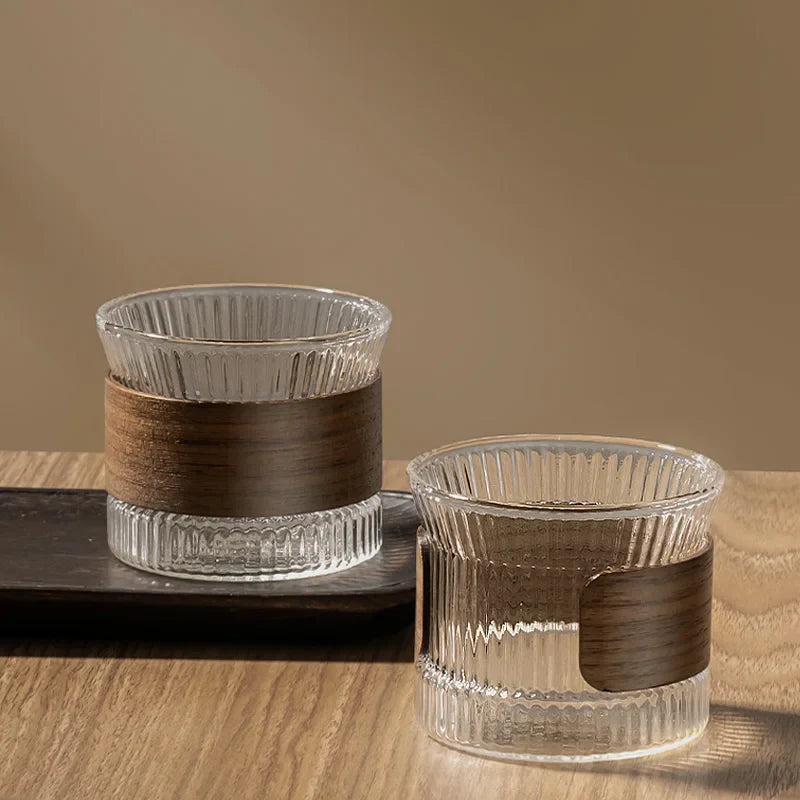 Japanese-Style Glass Coffee Mug with Walnut Sleeve – Kawaii Transparent Tea & Beer Cup