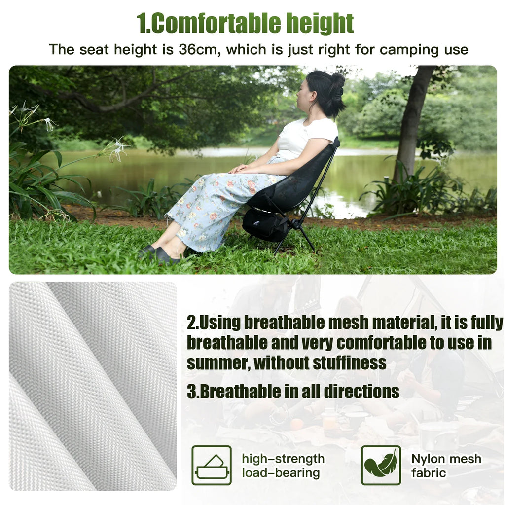 Breathable Mesh Moon Chair – Lightweight 7075 Aluminum Foldable Camping & Fishing Chair with Carry Bag