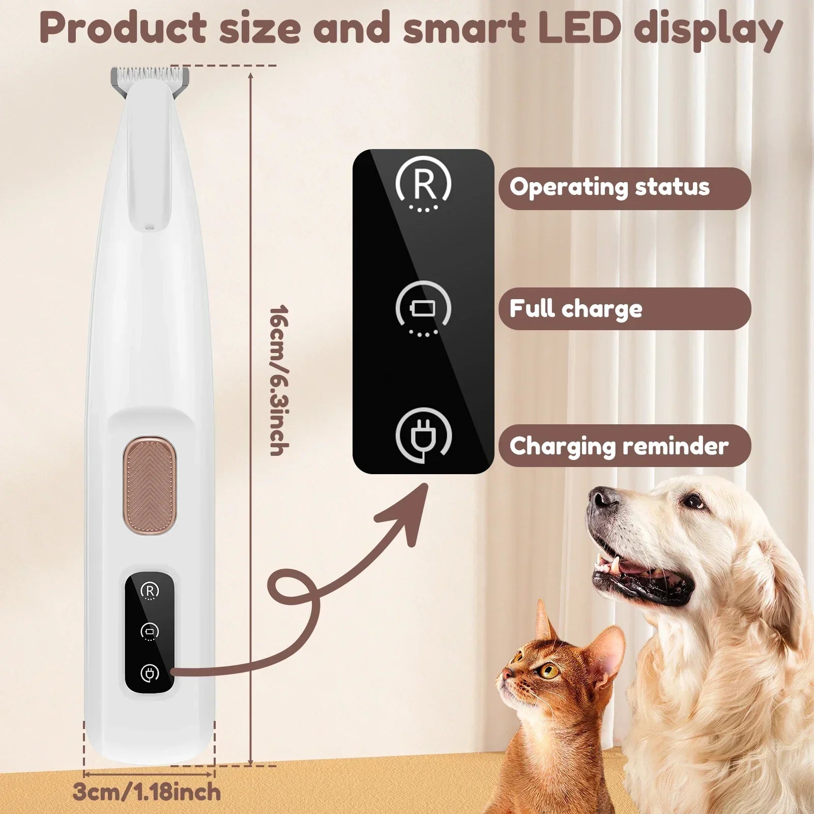 Dog Paw Trimmer with LED Light & Display — Cordless Waterproof Pet Hair Trimmer, 18mm Stainless Steel Blade
