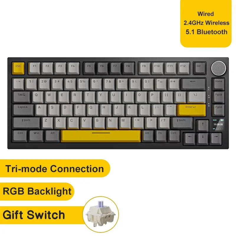 82-Key Hot-Swappable Mechanical Keyboard with Rotary Volume Knob, USB Wired & 2.4GHz Wireless, Monochrome Backlight