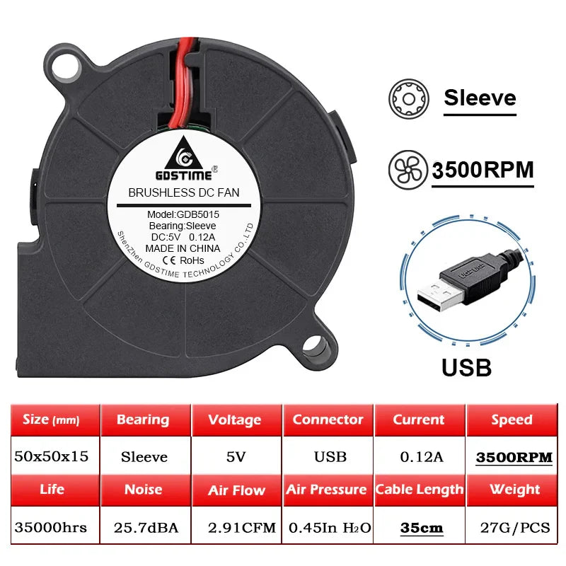 50mm (50x50x15mm) Brushless Dual-Ball Bearing Cooling Fan – 2-Pin/USB, 5V/12V/24V Turbo Blower for 3D Printers & Electronics