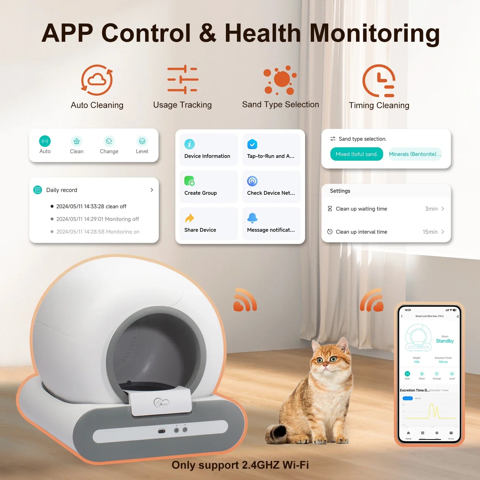 56L Self-Cleaning Smart Cat Litter Box — App Control (2.4GHz Wi‑Fi Only), Low-Entry 5.9 in / 15 cm, Includes Litter Mat & Waste Bags, Fits Tofu & Clumping Litter