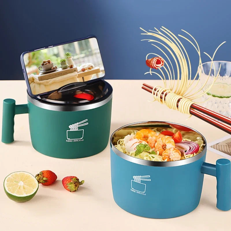 Double-Wall Stainless Steel Instant Noodle Bowl with Lid & Drain – 1L (1000 mL / 33.8 fl oz) Portable Insulated Bowl